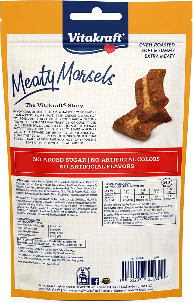 Vitakraft Meaty Morsels Chicken Recipe with Beef and Carrots Treats for Dogs, Extra Meaty, Gently Oven-Roasted, Soft and Tasty