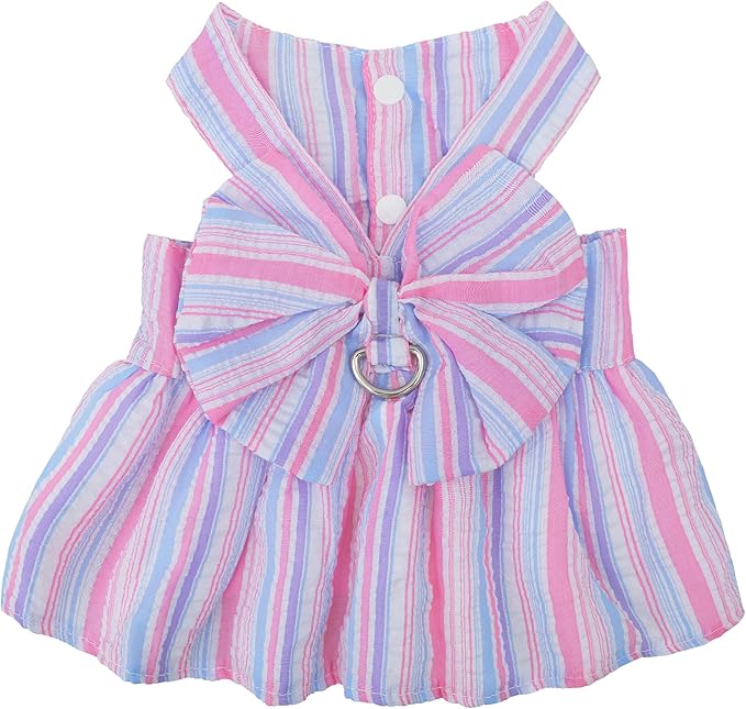 Pet Dog Harness Dress, Cute Striped Pattern with Bow, Princess Puppy Dresses with Button Closure, Summer Dog Clothes for Small Dogs Girl (Purple, Small)