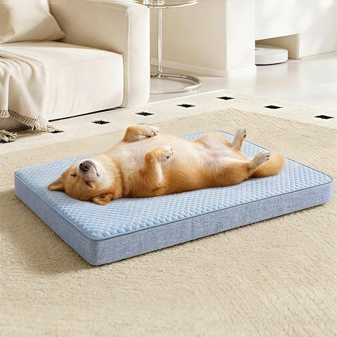 Cooling Dog Bed for Large Dogs, Washable Memory Foam Dog Beds for Crate with Joint Relief, Waterproof Liner and Removable Cover (35’’x 22’’)