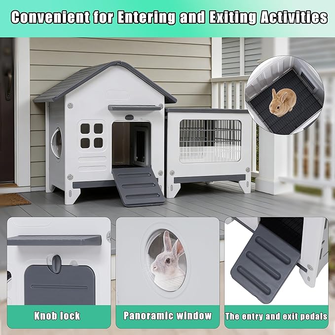 Rabbit Hutch Indoor & Outdoor with Extended Play Area, Plastic Rabbit Hutch with Sloped Roof Drainage, Panoramic Windows, Urine Barrier & Pull-Out Tray, Rabbit Cage Easy to Clean and Assemble