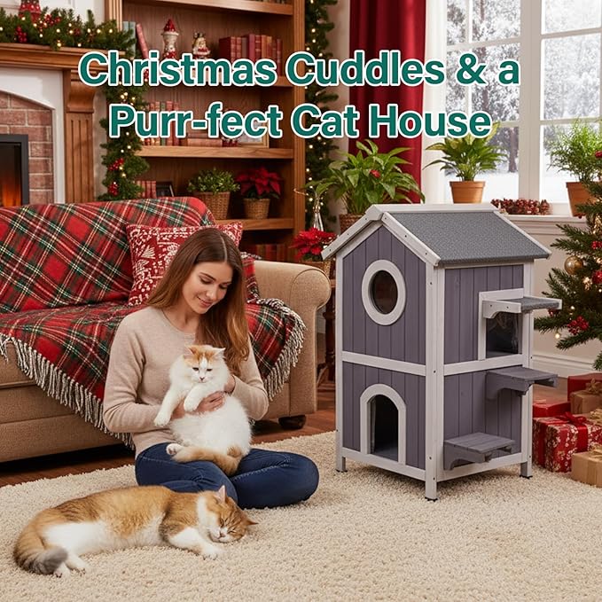 GEGURI Outdoor Cat House Winter-Proof, Two-Story Insulated Cat Shelter for Feral Cats with Thermal Layer, Removable Roof, Balcony & Escape Door, Weatherproof & Warm Shelter for Cats