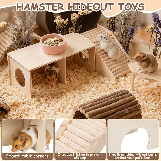 BreezeHug 4 Pcs Hamster Platform Hideout Wooden Tunnel Ladder Playhouse Hamster Game Climbing Toy with Platform Cage Accessories for Small Pets Dwarf Syrian Mice Degus Gerbils Squirrel(Peek)