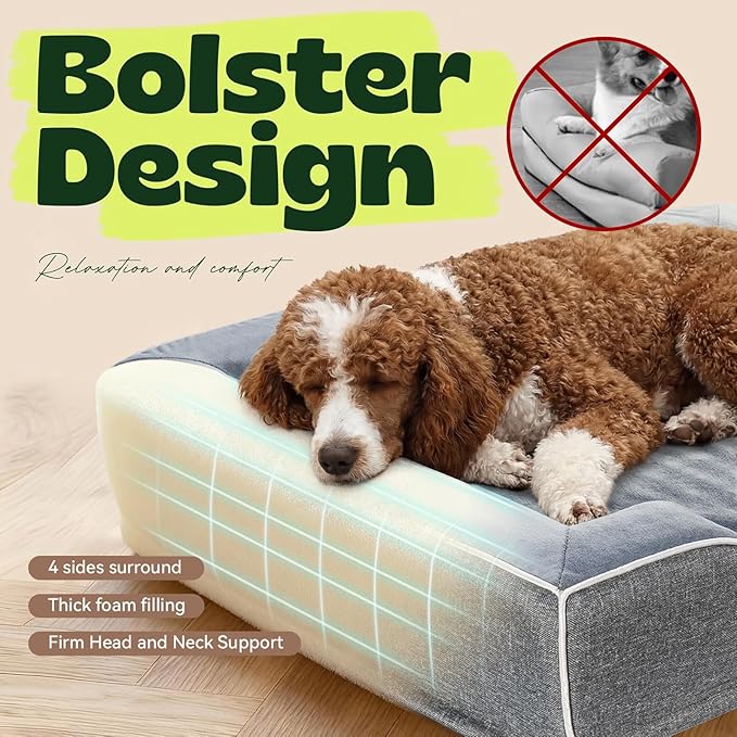 Orthopedic Dog Bed for Large Dogs,Cooling Gel & Egg Crate Foam,Waterproof Removable Washable Cover,Bolster Couch Bed for Big Breed Senior Pets,Dark Grey, 42.0"X30.0"X9.0"