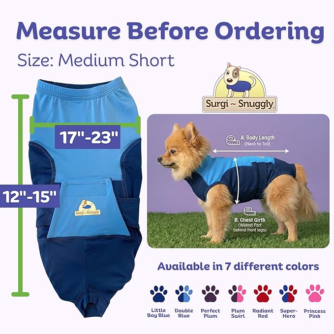 Surgi Snuggly Dog Surgery Recovery Suit - Dog Onesie for Post Surgery Recovery, Female Spay & Male Neuter - Surgical Suit for Dogs, E-Collar Cone Alternative, Double Blue - Medium Short - 12"-15" (EC)