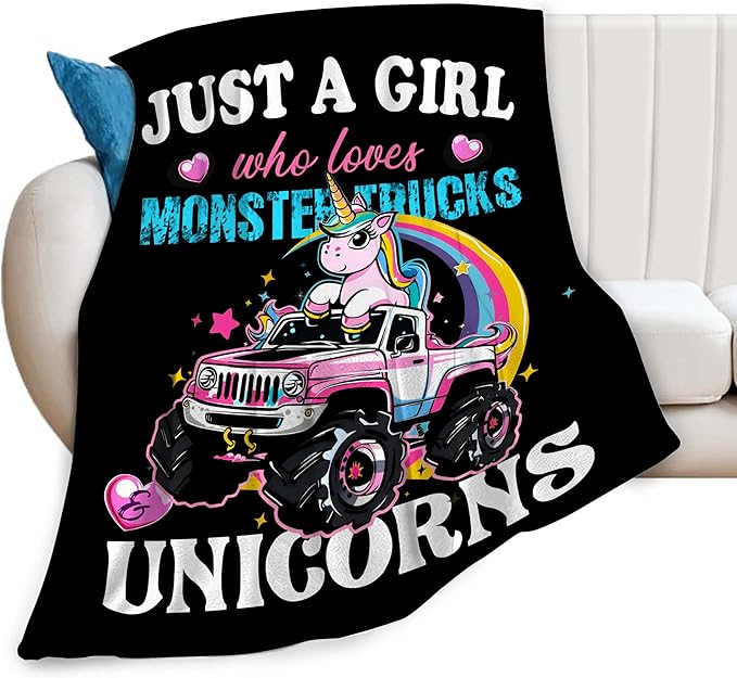 Just A Girl Who Love Trucks Unicorns Blanket Truck Unicorn Decor Throw Blanket Gifts for Girls Boys Super Warm Soft Plush Fleece Flannel Blanket Couch Bedding Blanket for Adults Kids Women Men 50"X40"