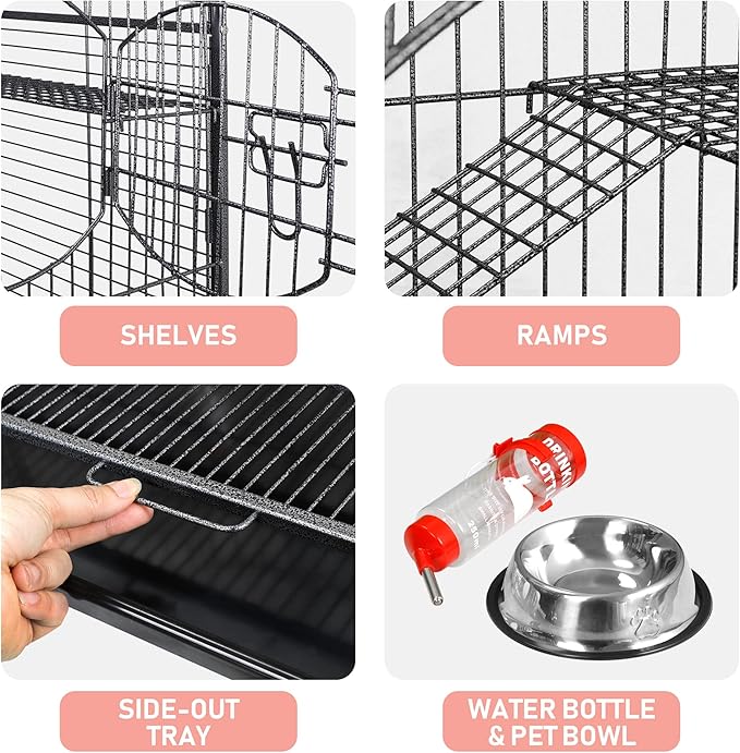 SUPER DEAL 37.2 Inches Metal Ferret Cage Chinchilla 4 Tiers Small Animal Cage with 3 Ladders/ 2 Front Doors/Food Bowl/Water Bottle/Slide Out Trays/Swivel Casters,Black