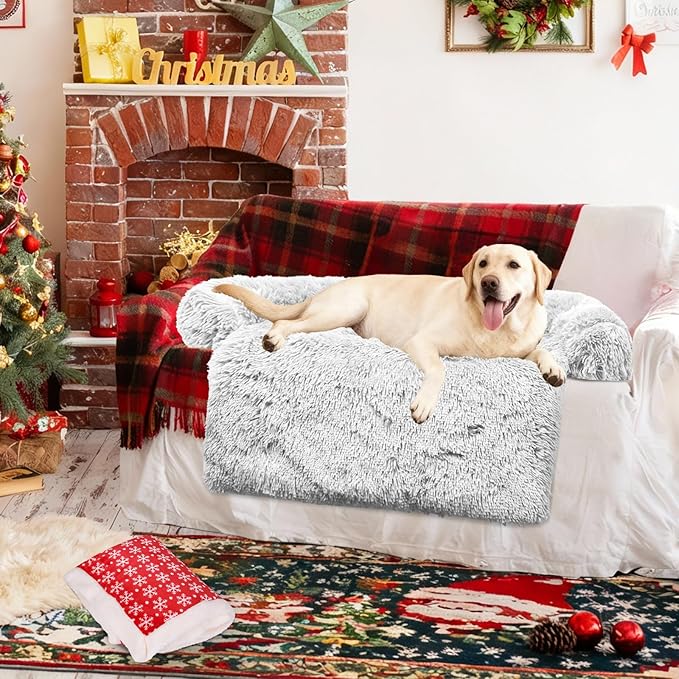 GGIB Calming Dog Bed Christmas Throw Blanket Fluffy Plush Dog Mat Furniture Protector Decoration Holiday Throw for Sofa Couch Cover for Large Medium Small Dogs Cats (Large, Light Grey)