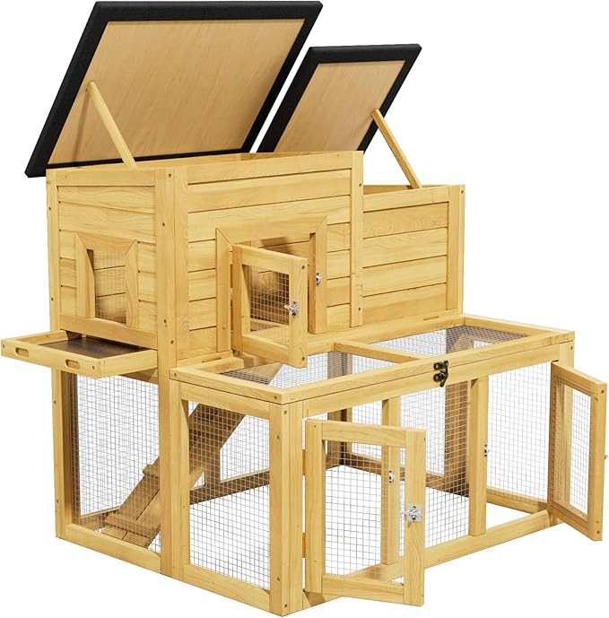 Outdoor Rabbit Hutch for 2-4 Chickens Wooden with Waterproof Asphalt Roof, Ramp, Openable Top Pull-Out Tray Suitable for Suitable for Indoor and Outdoor Use. (Yellow Black)