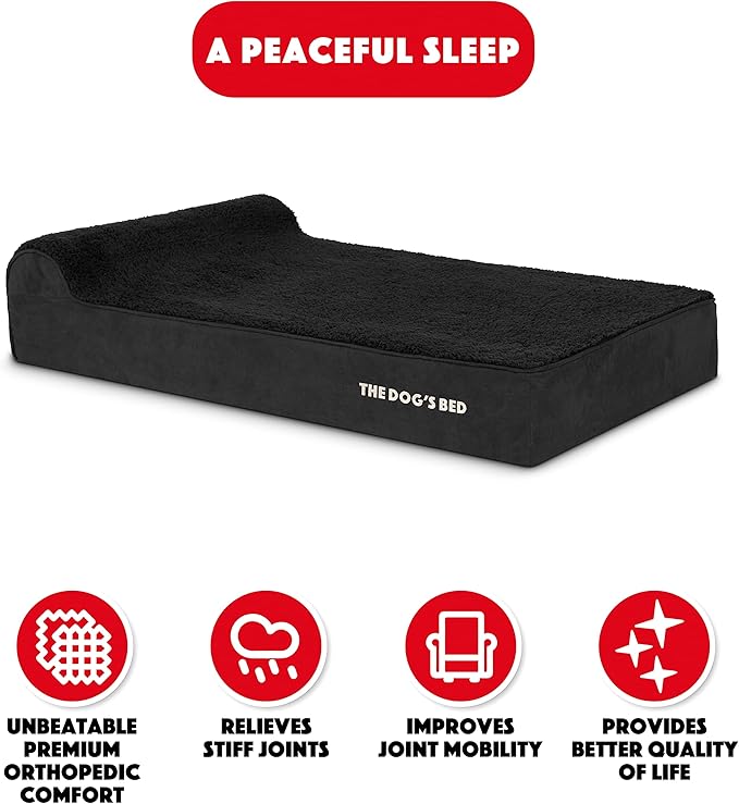 The Dog’s Bed Orthopedic Memory Foam Dog Bed with Headrest, Calming Surface – CertiPUR-Certified Foam, Plush Fabric, Black Plush, XL, 6-Inch