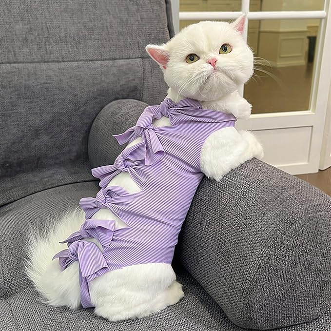 Cat Sterilization Recovery Suit, 2pcs Pet Surgical Recovery Suit for Cats and Dogs, Post-Surgery Wound Care Onesie, Soft Breathable Elastic Fabric, Pink and Purple
