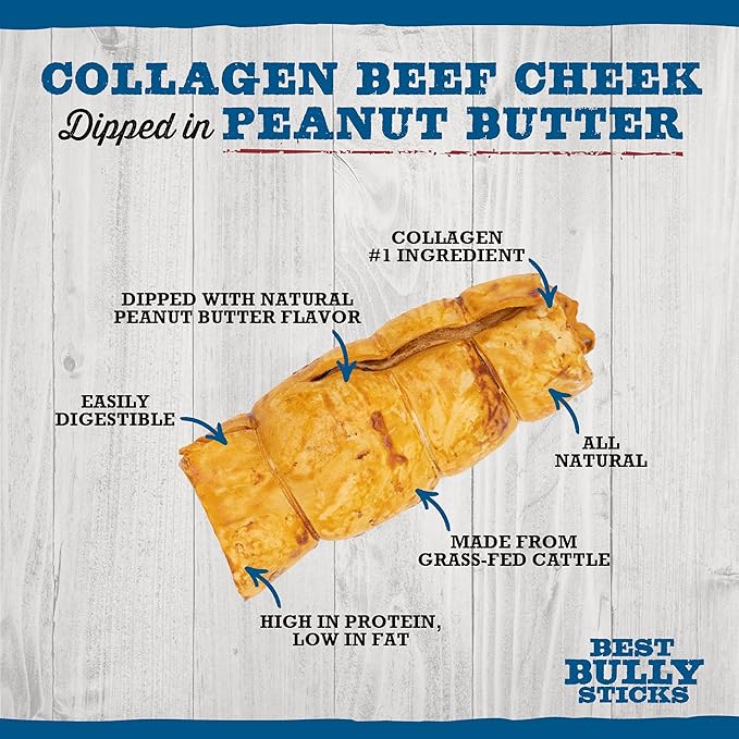 Best Bully Sticks Peanut Butter Beef Cheek Treats - Medium 4 Count (Pack of 1) - All-Natural, Collagen-Rich, Healthy Dog Treats