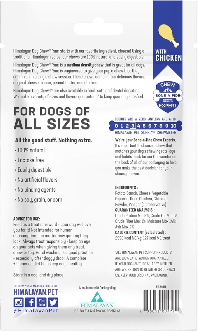 Himalayan Dog Chew Yak Cheese Dog Chews,Lactose Free & Grain Free,USA Made,for All-Dog Breeds,Medium Density Cheese Chew,Resealable Pouch with 3 YUM Treats,Chicken Flavor,(Pack of 2)