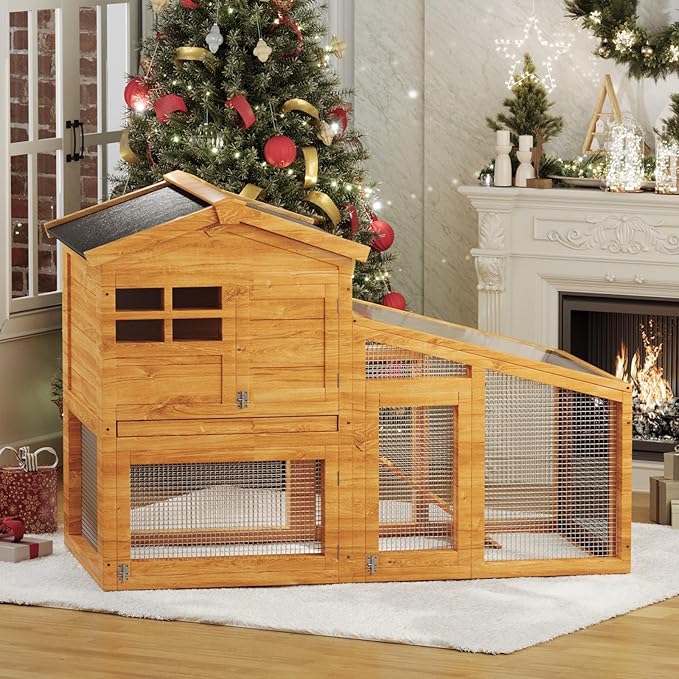 GarveeLife Rabbit Cage, Outdoor Weatherproof Bunny House Wooden, Indoor Bunny Cage with Run, Rabbit Hutch with Removable Tray, Grid Fences, Ramp 53.15" L x 23.62W 37.8" H Wood Color