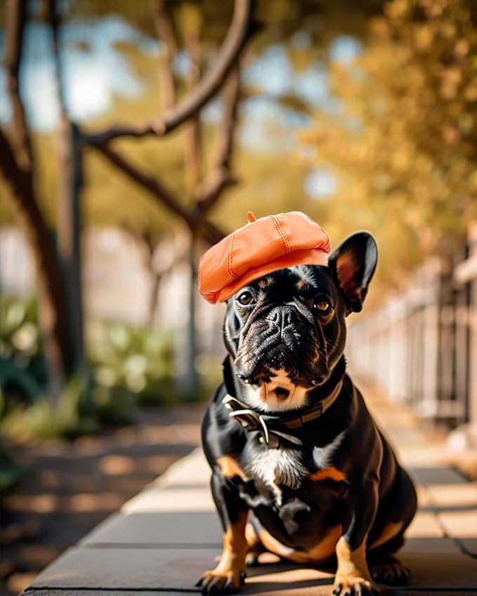 PET SHOW Dog Beret Hat for Small Dogs Cats Party Holiday Headband Cap French Leather Berets with Adjustable Chin Strap Cute Fashion Puppy Hats Pets Costumes Accessories(Orange,S)