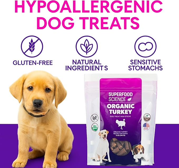 Organic Dog Treats, Soft & Chewy Organic Turkey Dog Treats, Low Calorie Hypoallergenic Natural Limited Ingredient Training Treats, Puppies & All Dog Sizes, Made in USA, for Sensitive Stomachs, 5 oz