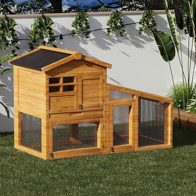 GarveeLife Rabbit Cage, Outdoor Weatherproof Bunny House Wooden, Indoor Bunny Cage with Run, Rabbit Hutch with Removable Tray, Grid Fences, Ramp 53.15" L x 23.62W 37.8" H Wood Color