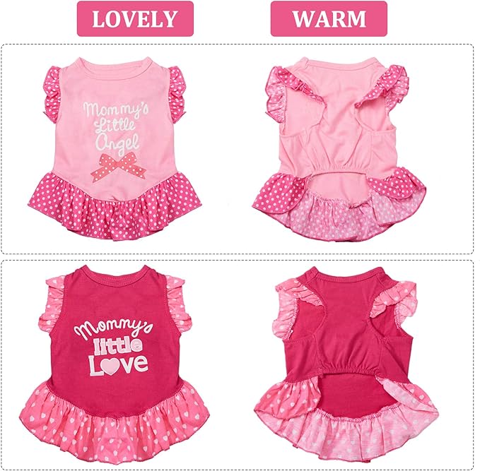 2 Pieces Dog Dresses for Dogs Cute Girl Female pet Dress Mommy Puppy Shirt Skirt Dresses Pet Summer Clothes Apparel for Cats(Love and Angel,Medium)