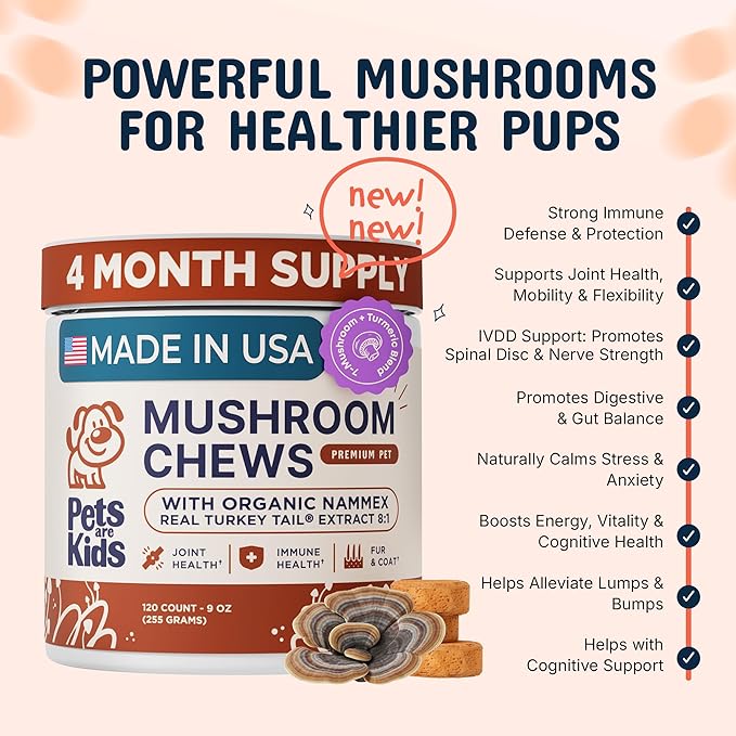 Pets are Kids Turkey Tail Mushroom for Dogs with Organic Real Turkey Tail™ - 8:1 Extract Mushroom Chews for Lumps & Bumps, Immunity, Gut, Skin, Joint & Spine Support - Reishi, Lion’s Mane - 240 Chews
