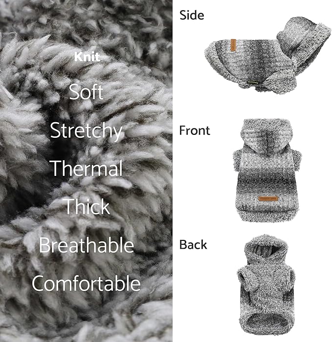 Fitwarm Fuzzy Dog Sweater, Knitted Winter Dog Clothes for Small Dogs Boy Girl, Pet Cat Hooded Outfit, Heather Grey, Black, XXL