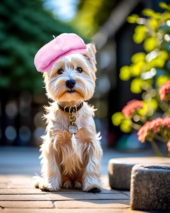 PET SHOW Dog Beret Hat for Small Dogs Cats Party Holiday Headband Cap French Leather Berets with Adjustable Chin Strap Cute Fashion Puppy Hats Pets Costumes Accessories(Pink,S)