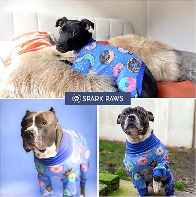Spark Paws Dog Pajama, Dog Recovery Suit Male, Onesie, Ultra-Soft and 4-Way Stretch, for Small Medium and Large Breeds - Donuts - L