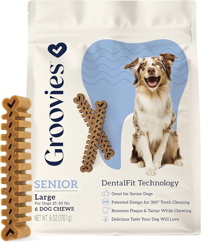 Groovies Senior Large Dog Dental Chews for Dogs, Patented DentalFit Technology for Plaque & Tartar Support, Flexible Texture for Easy Chewing, Chicken Flavor, USA Manufactured, 25–50 lb Dogs,6 Count