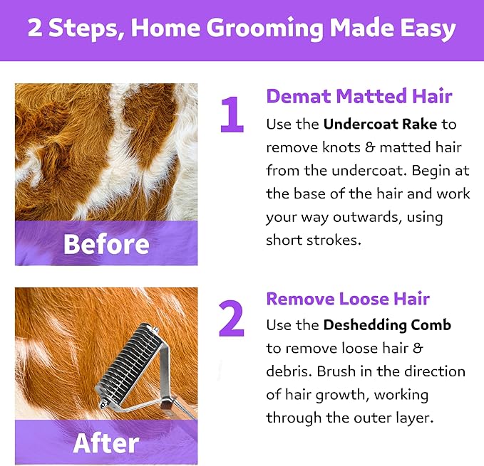 2 in 1 Undercoat Rake for Dogs and Cats, Professional Grooming Brush Dematting & Shedding Comb to Remove Loose Hair, Matted Fur Efficiently, Perfect for Poodle, Doodle & All Long Haired Pets