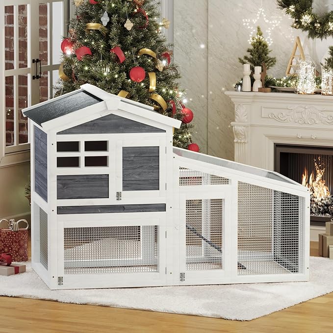 Garvee 2-Story Wooden Rabbit Hutch Indoor and Outdoor, Rabbit Cage with Removable Wire Netting and Leak Proof Tray, Weatherproof Bunny Cage with Anti-Chew Metal Frame Ramp for Small Animals Grey