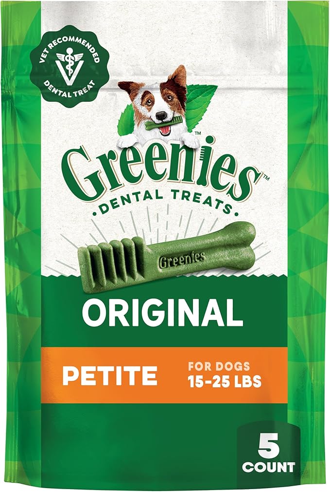 Greenies Veterinarian-Recommended Adult Natural Dental Dog Treats Petite Size, Dog Dental Chews, Original Flavor, 3 oz. Pack, 5 Count