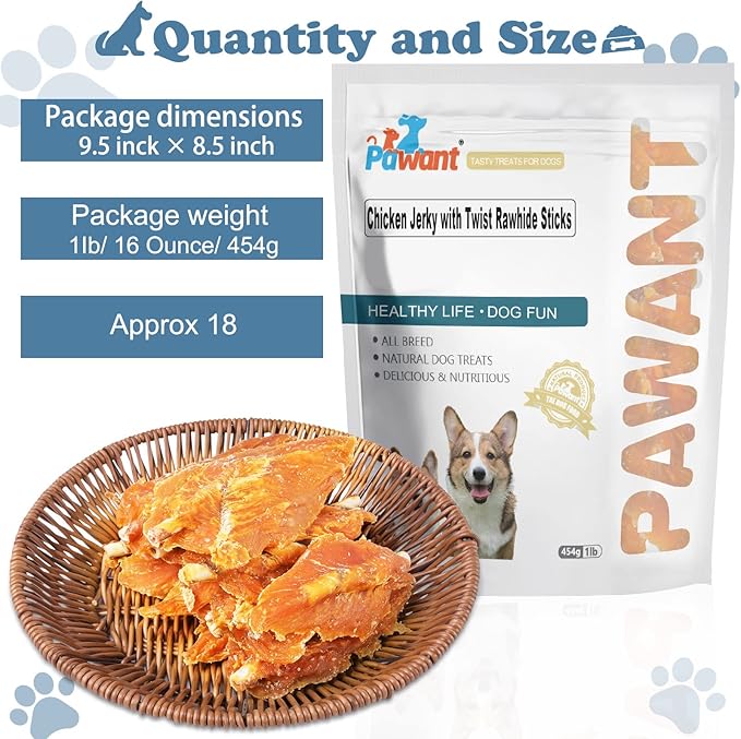 Chicken Jerky with Twist Rawhide Sticks for Dogs, 32 oz - High Protein Real Chicken Breast Dog Chews - Long Lasting Dental Care Treats for Puppies, Small and Medium Breeds, 4-4.5 Inch