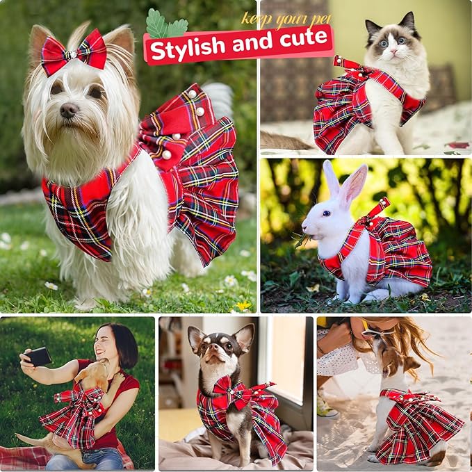 PETCARE Cute Dog Dress Clothes for Small Dogs Cats Girl Female Red Plaid Bow Tie Dog Harness Dresses Leash Set with Pearls Bow Accessories Birthday Puppy Dress Shih Tzu Yorkies Chihuahua Outfits