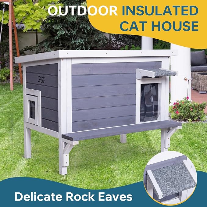 Winter-Proof Insulated Outdoor Cat House – Large Weatherproof Wooden Shelter for Feral & Stray Cats in All Seasons, Heated Cat Enclosure with Removable Roof & Elevated Floor