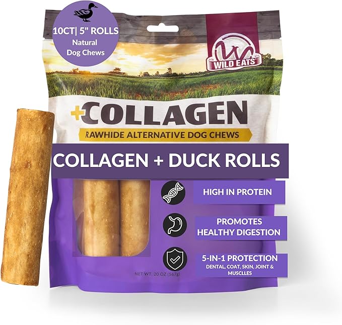 Wild Eats Duck Flavor Collagen Retriever Style Cheek Rolls 5" Dog Chews-10 Pack (Long Lasting Dog Chews Treats & Bones for Medium Dogs) Rawhide Alternative, No Hide, Pig Ears Substitute for Dogs