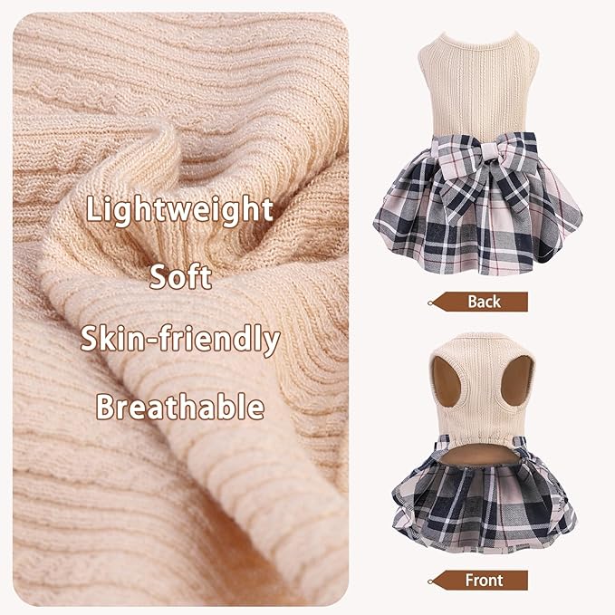 PUPTECK Classic Plaid Dog Dress Pet Apparel with Cute Bowtie Puppy Clothes Outfit,Cream,S
