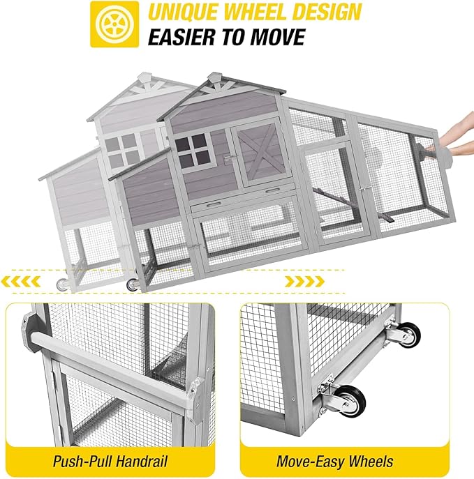 Aivituvin Chicken Coop Mobile Chicken House on Wheels, Rabbit Hutch Bunny Cage Expandable Wooden Poultry Cage with Large Nesting Box Leakproof Pull-Out Tray,UV-Resistant Roof (Grey)