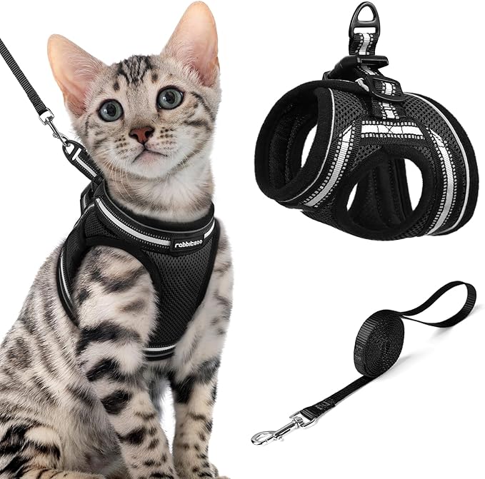 rabbitgoo Cat Harness and Leash Set for Walking Escape Proof, Adjustable Soft Kittens Vest with Reflective Strip for Cats, Comfortable Outdoor Vest, Black, XL