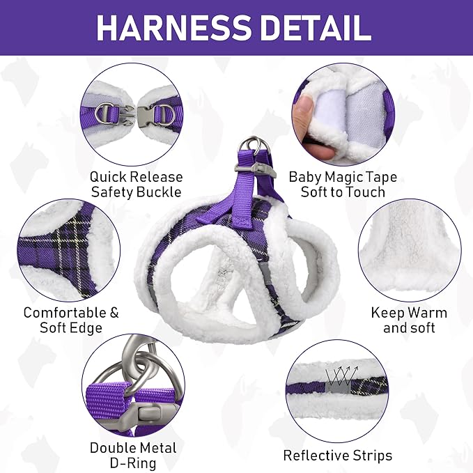 GAMUDA Small Dog Harness Collar and Leash Set, Step in No Chock No Pull Soft Mesh Adjustable Dog Vest Harnesses Plaid Reflective for Dogs Puppy Cats Kitten Rabbit (Warm Purple, L)