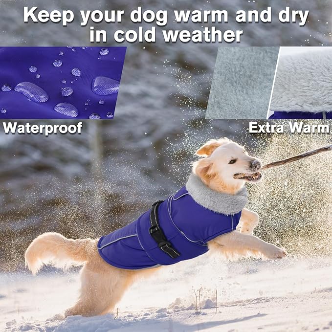 Lelepet Warm Dog Winter Coat Waterproof Dog Jacket with Adjustable Buckle & Leash Hole Reflective Pet Fleece Snowsuit Turtleneck Windproof Cold Weather Coats, Blue, S