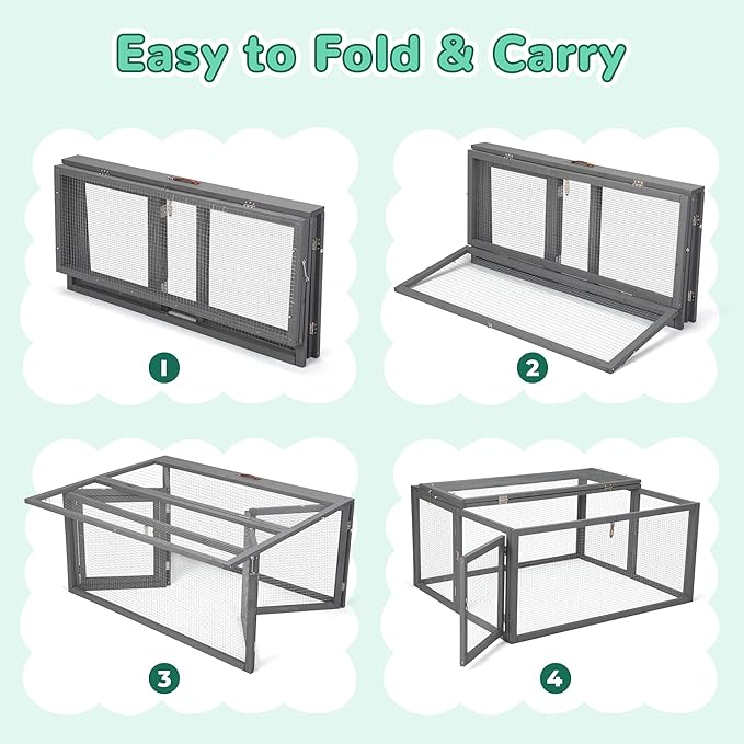 COZIWOW Chicken Coop Run Rabbit Hutch, Portable Chicken Cage Pens with Top & Side Opening Doors, Folding Wooden Chicken Coop, Outdoor Indoor Small Animal Playpen, Chicken Brooder Box, 43.3Inch (Grey)