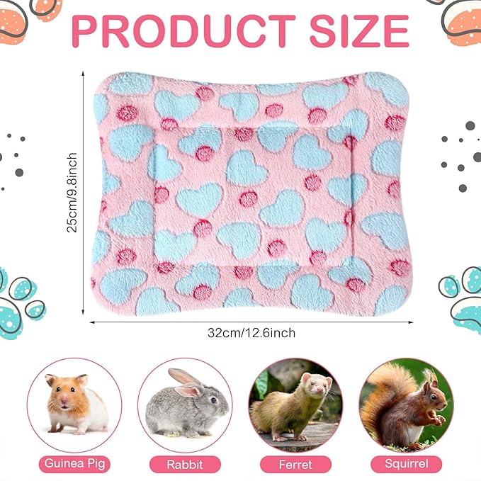 Tuanse 4 Pack Guinea Pig Bed Mat Bedding Rabbit Winter Bed Pad for Indoor Warm Small Animal Mattres Fleece Sleeping Pad for Hedgehogs Bunny Ferrets Hamster(Heart,13 x 10 Inch)