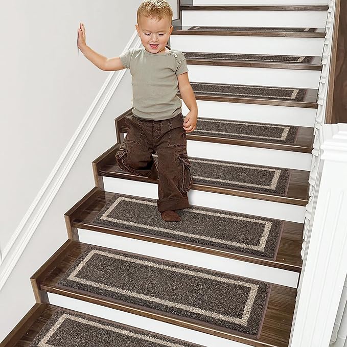 COSY HOMEER Soft Stair Treads Non-Slip Carpet Mat 28inX9in Indoor Stair Runners for Wooden Steps,Stair Rugs for Kids and Dogs, 100% Polyester TPE Backing 4pcs,Brown