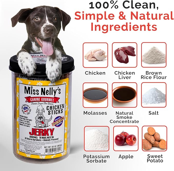 Miss Nelly's- All Natural Chicken Jerky Dog Treats Made in USA Only-Original Smoke House Recipe-Minimally Processed Soft Sticks Dog Jerky Treats-32 oz. Bags