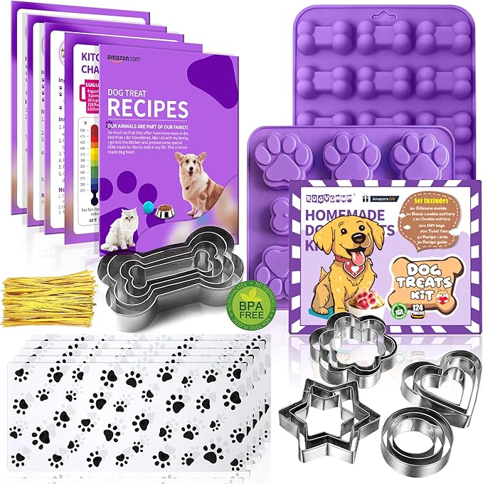 Homemade Dog Treat Molds Silicone,Cookie Cutters,Including 2 Silicone Mold,5+12 Cookie Cutters and, 4 Dog Treat Recipes Card, 50 Bags & 50 Gold Twist Tie