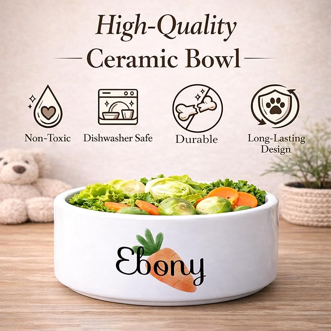 Custom Rabbit Bowl | Personalized Food & Water Dish with Name | Microwave & Dishwasher Safe Ceramic Pet Feeding Bowl | Gift Idea for New Bunny Owners | White – Large