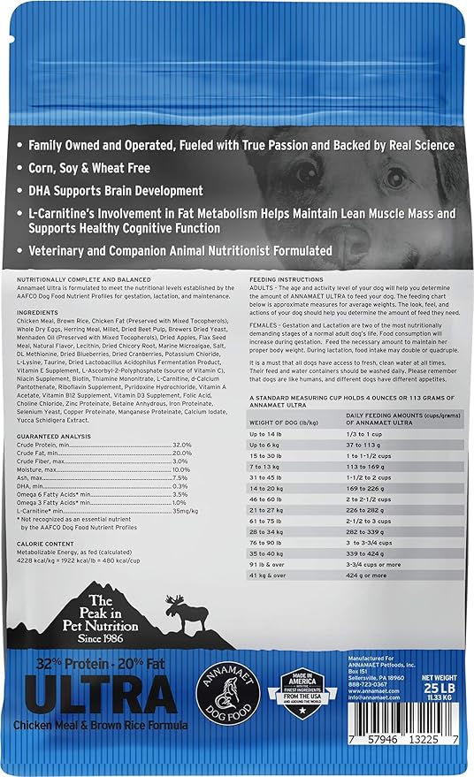 Annamaet Original Ultra Formula Dry Dog Food, 32% Protein (Chicken & Brown Rice), 25-lb Bag