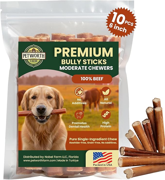10 Pack 6 Inch Standard Bully Bones for Dogs – 100% Beef Pizzle, Single Ingredient Rawhide-Free Dental Chews, Long Lasting Natural Dog Treats for Medium to Large Dogs