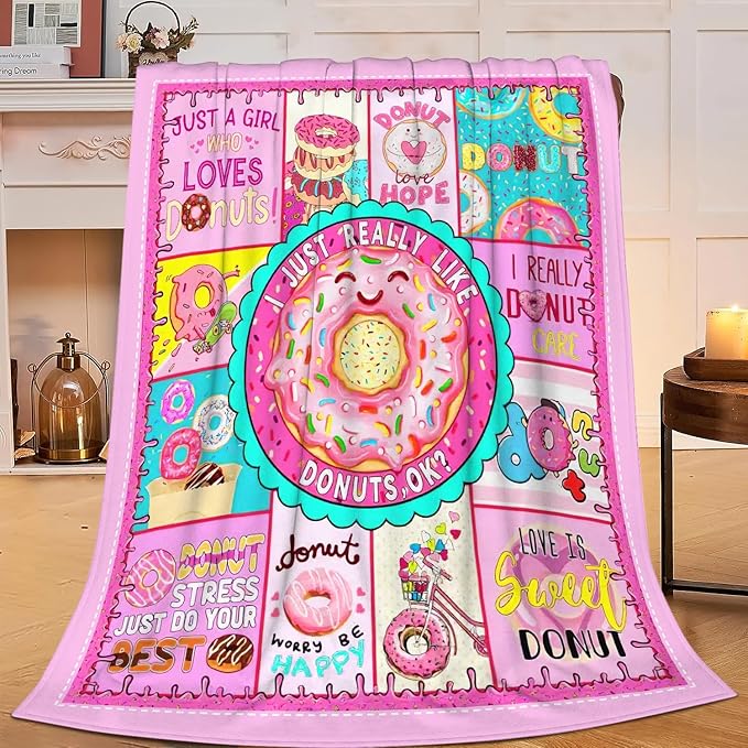 SweetFox Donut Blanket, Funny Cute Donut Decor Throw Blanket Gifts for Girls Boys Food Lovers Super Warm Soft Plush Fleece Lightweight Flannel Winter Bedding Blankets for Kids Adults Women 50"X40"