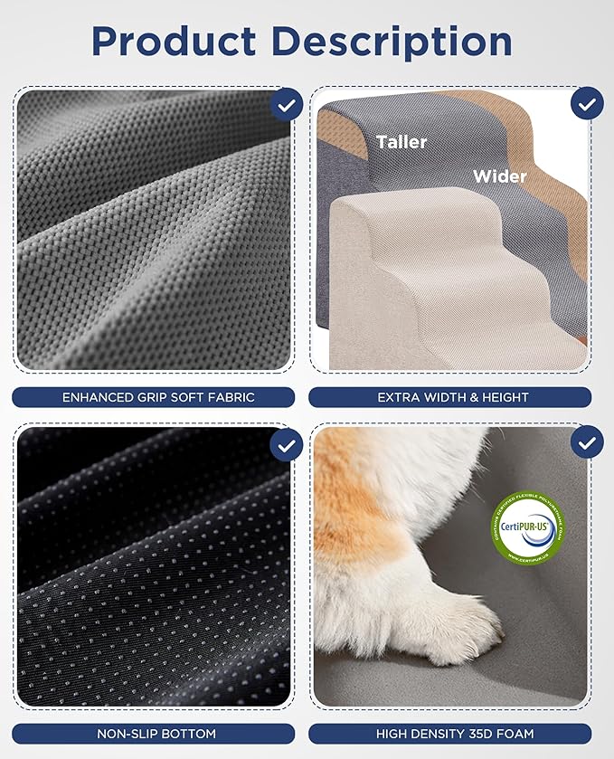 Navy Blue Curved Dog Stairs Ramp for Small Dogs & Cats 17.1" H, 3-Step Dog Steps for Couch Sofa and Chair, Pet Stairs for Cats, Non-Slip Balanced Pet Steps