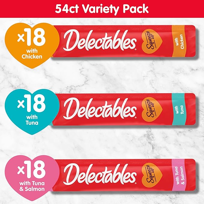 Hartz Delectables Squeeze Up Variety Pack, Creamy Squeezable Puree, Lickable Wet Cat Treats, Grain Free, No Fillers, No by-Products, No Preservatives, 0.5 Ounces Tube, 54 Tubes Total
