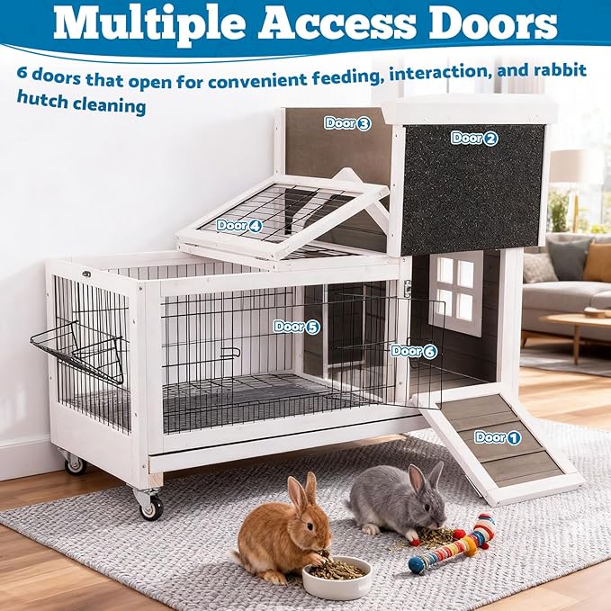 Rabbit Hutch Indoor Outdoor Weatherproof, Bunny Cage with Casters, Urine Guards, Leakproof Tray, Metal Feeder & Openable Roof, Easy Clean for Small Animals